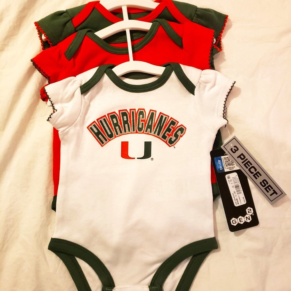 NCAA Miami Hurricanes 3-Pc Baby Body Suits, 5 Sizes: 0-3M, 3-6M, 6-9M, 12M, 18
